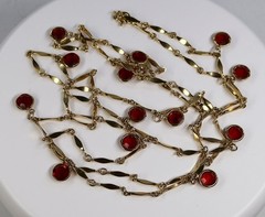 Vintage Open Bezel Red Crystal Flapper Necklace Gold Tone Metal 52″ Long