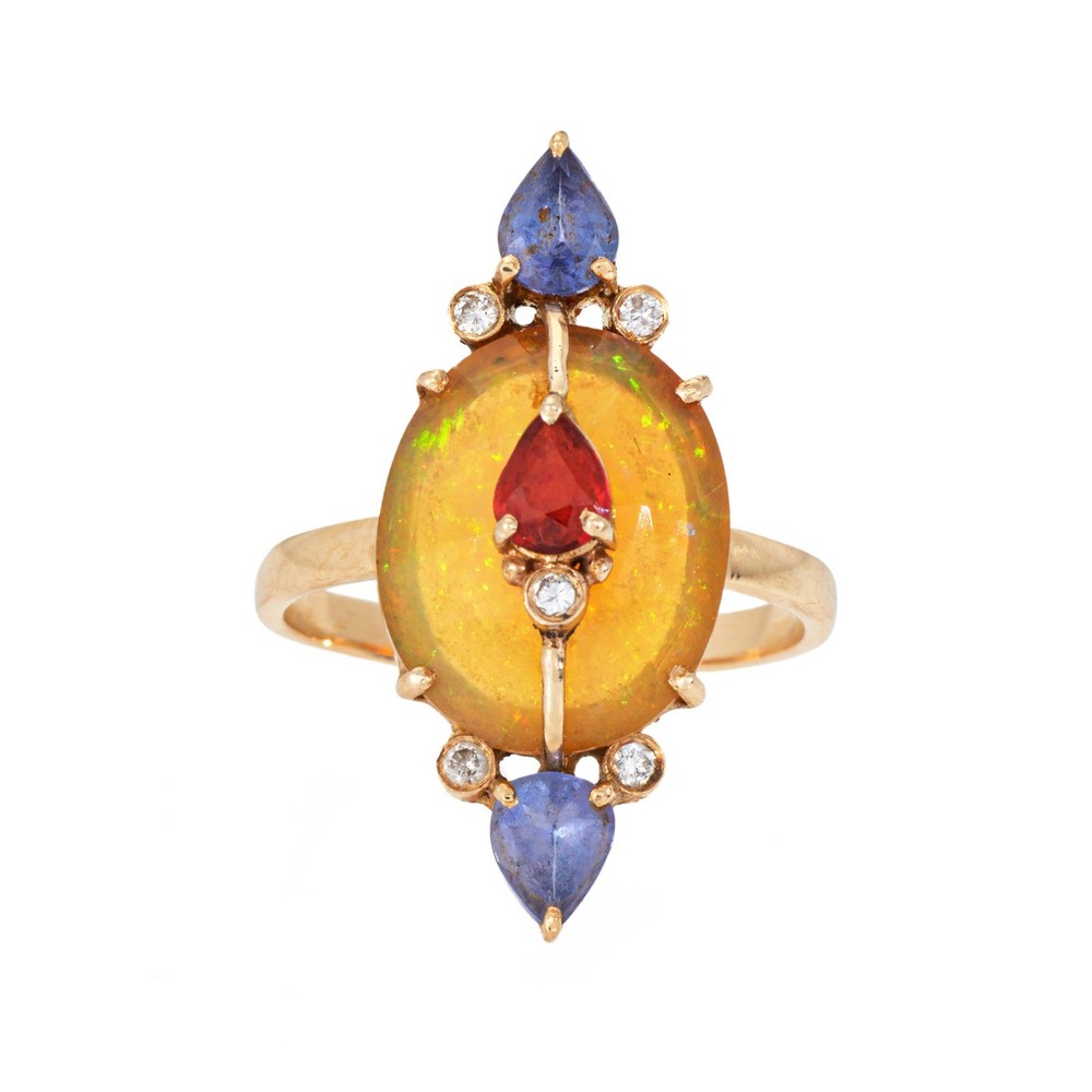 Multi Gemstone Ring Opal Sapphire Diamond Sz 6.5 14k Yellow Gold Cocktail