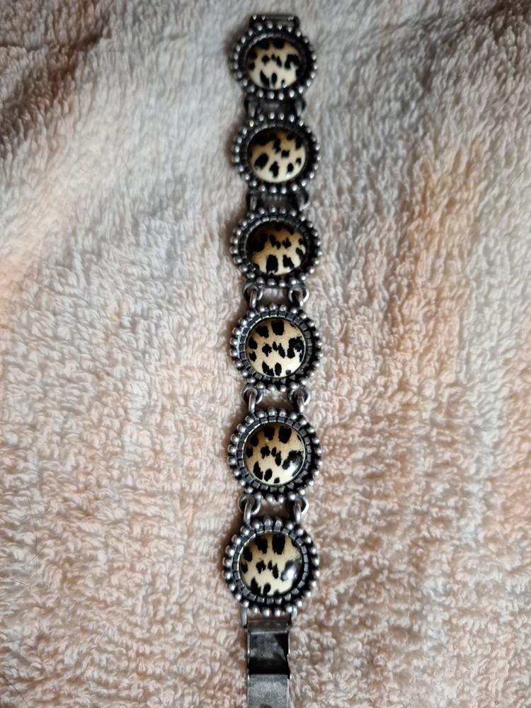Vtg. Bracelet Antique Silver Finish~6 Leopard Print Disks~80’s-90’s~Aprx.8″#1859