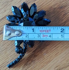 Vintage Weiss Black Rhinestone Mourning Flower Brooch Japanned Back Signed