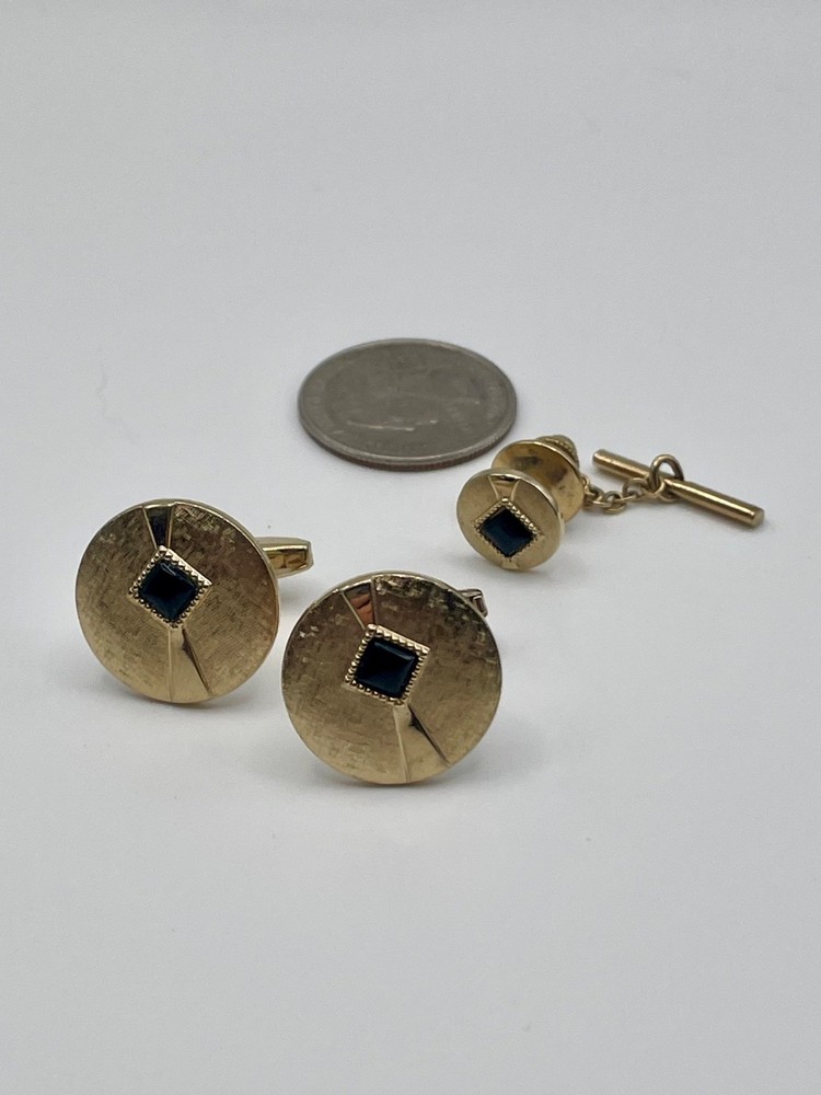 Vintage Foster Gold Tone Tuxedo Cufflinks Tie Tac Set Mid Century Onyx