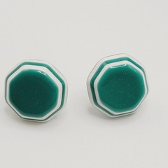 Green w White Stripe Octagon Shape Vintage Pierced Earrings Bangle Bracelet Set