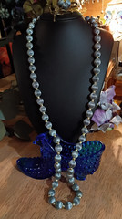 Mid-Century 2-Piece Set Grey Silk Wrapped Bead Necklace & Filigree Berry Brooch