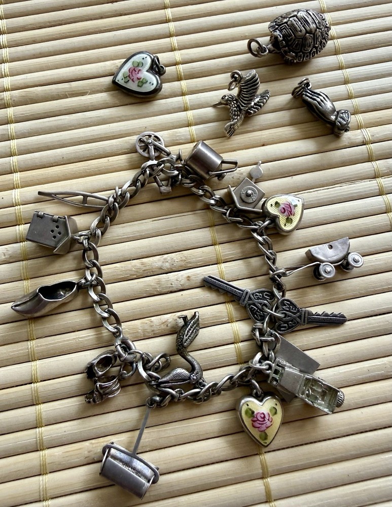 Vintage Sterling Silver Guilloche Hearts Turtle Articulated 19 Charms 44g