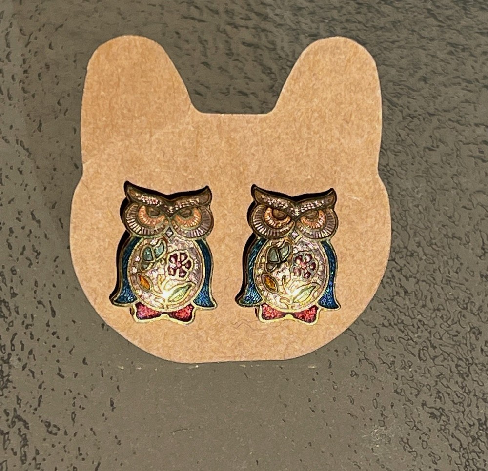 Vintage Aviva Enamel Owl Earrings Pierced Stud 1970s Gold Cloiso .5 inches