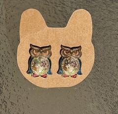 Vintage Aviva Enamel Owl Earrings Pierced Stud 1970s Gold Cloiso .5 inches