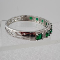 VTG Princess Cut Simulated Emerald Clear CZ Silver Tone 6 1/4″ Hinged Bangle