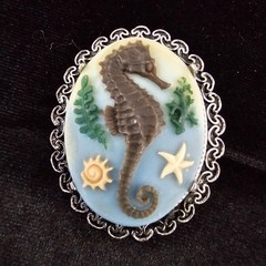 Vtg Nautical Brooch Lot Gold Tone Mother of Pearl Rhinestone Fish Seahorse Cameo
