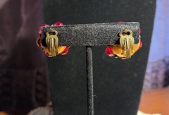Vintage Signed Western Germany Strung Red Glass Bead Cluster Clip On Earrings