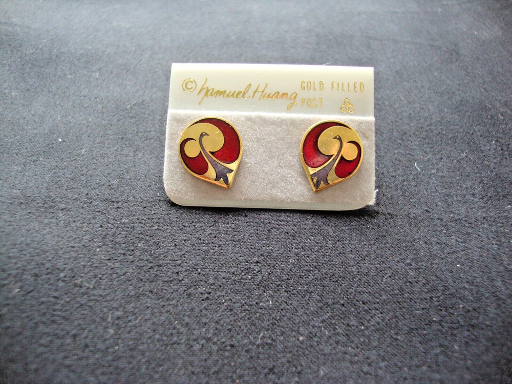 VINTAGE SAMUEL HUANG DESIGNER CLOISONNE PHOENIX PURPLE RED ENAMEL STUD EARRINGS
