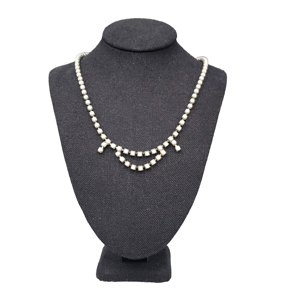 Vintage White Bead Prong Set Necklace Silver tone 15 in