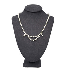 Vintage White Bead Prong Set Necklace Silver tone 15 in