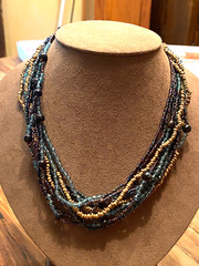 Vintage Multi Strand Green & Gold Glass Bead Necklace 22″