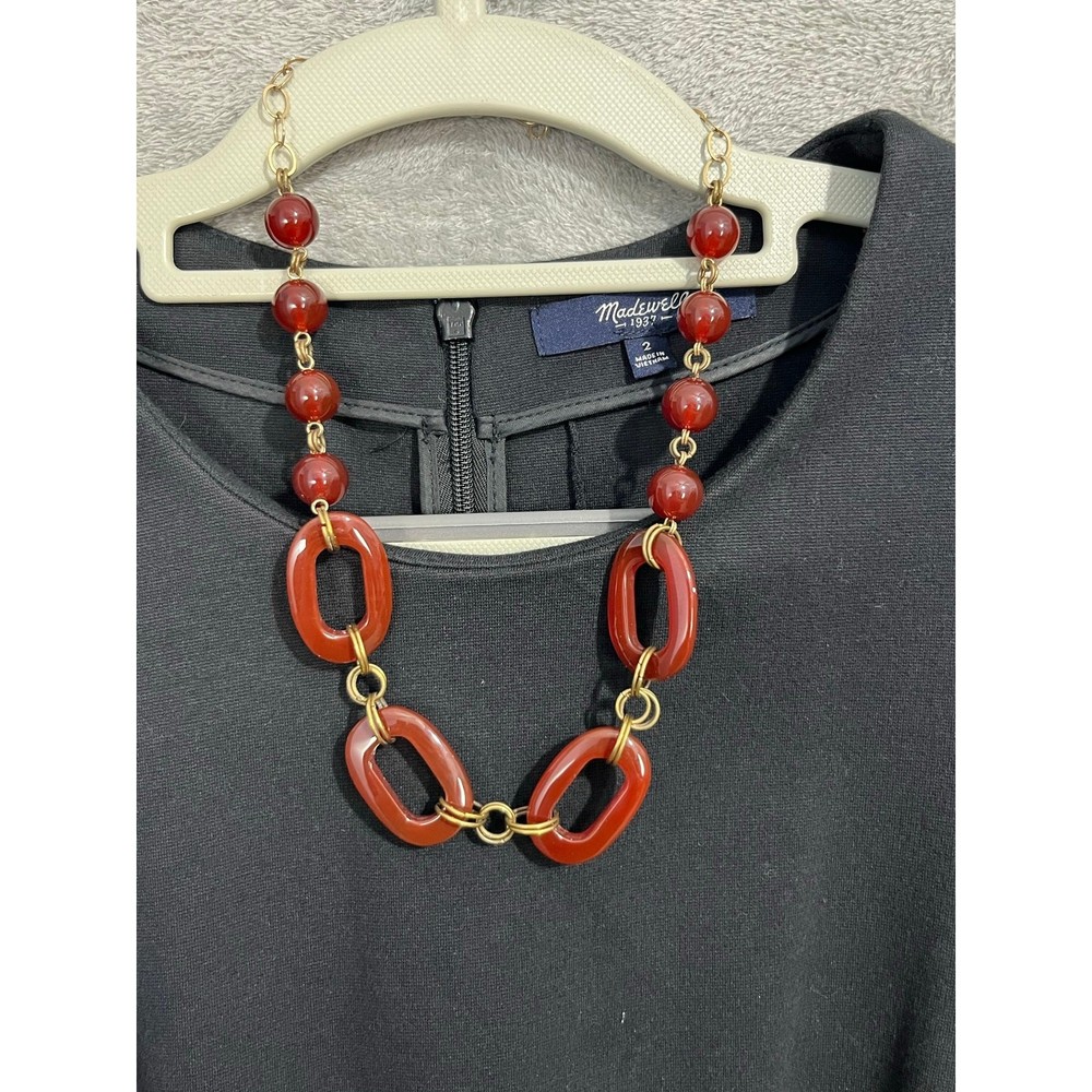 VTG Carnelian Bead Chain Statement Necklace Brass Tone Chain 925 Clasp