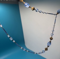 Antique Art Deco Blue Czech Glass Teardrop Necklace 21” Brass Filigree 1920s