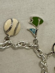 Sporty Girl Charm Bracelet-Enamel Charms On Silver Tone-Soccer-Golf-Balls-Helmet