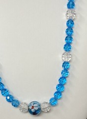 Glass Bead Necklace Blue Faceted Beads Flower Lampwork Center White Acrylic 21″