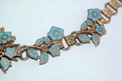 Vtg Enamel Flower Turquoise Bead Seed Pearl Crystal Brass Choker Necklace