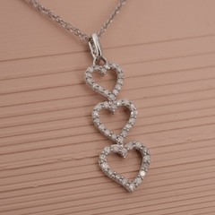 Pave Sterling Silver 925 CZ Triple Heart Drop Pendant Necklace 18 in Delicate