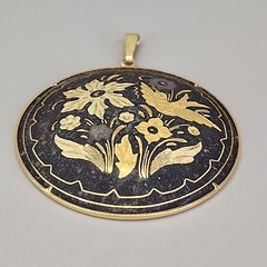 Vintage Damascene Pendant Flowers Birds Round Domed Black Gold Tone 2″