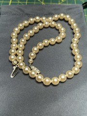 Vintage 8mm Cultured Pearl Necklace Hand-Knotted Cream Ivory Luster Ornate Clasp