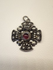 995 Silver Jerusalem Crusader Maltese Cross Pendant Ruby Red Cabochon Religious