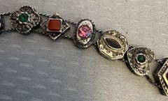 50s Vintage Victorian Revival Jeweled Slide Charm Bracelet Silvertone Enamel 7”