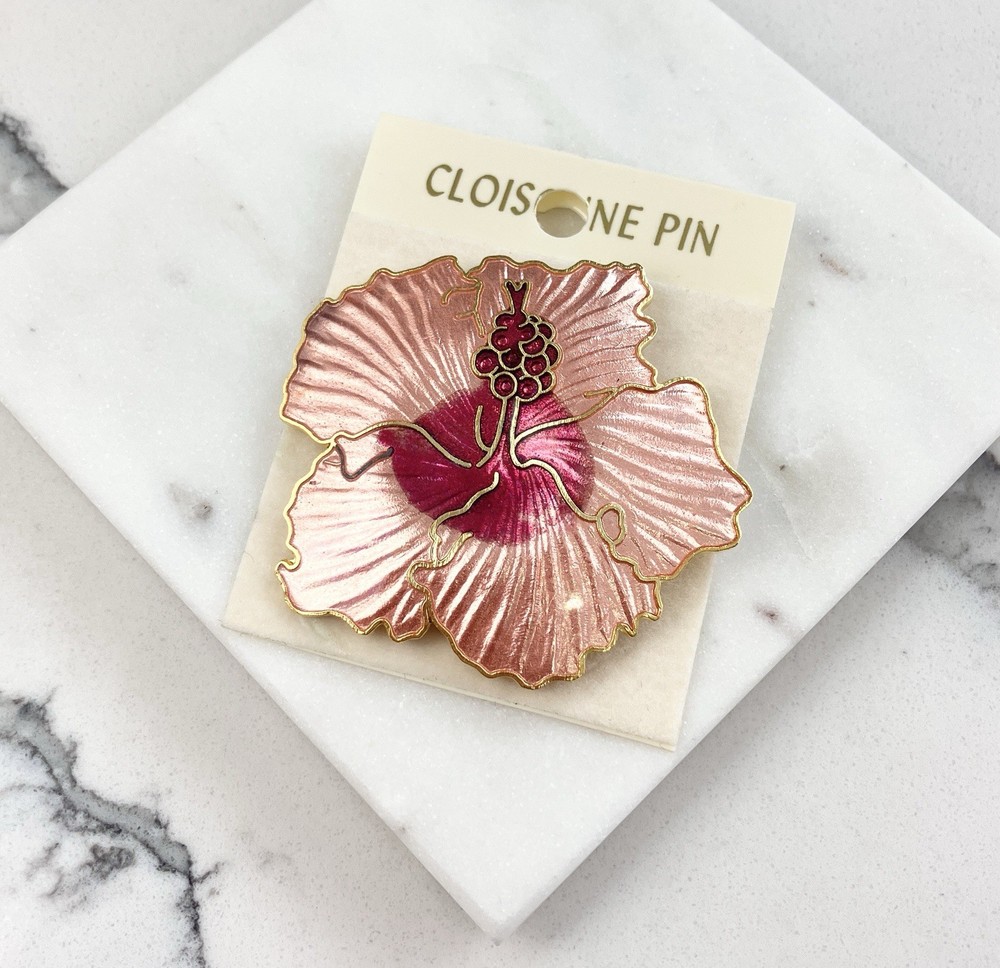 Vintage Cloisonné Gold Tone Pink Enamel Hibiscus Flower Brooch Pin