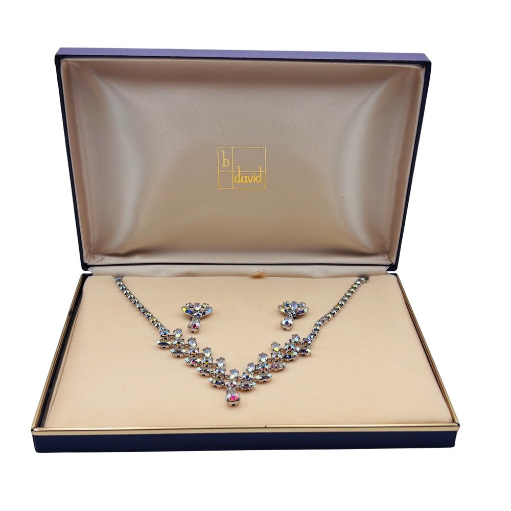 B David Vintage 1950s Aurora Borealis Rhinestone Necklace Earring Set with Box