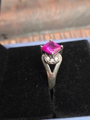 Vtg Ornate Sterling Silver Ring SZ 9 Pink Square Ruby Cubic Zirconia CZ Accents
