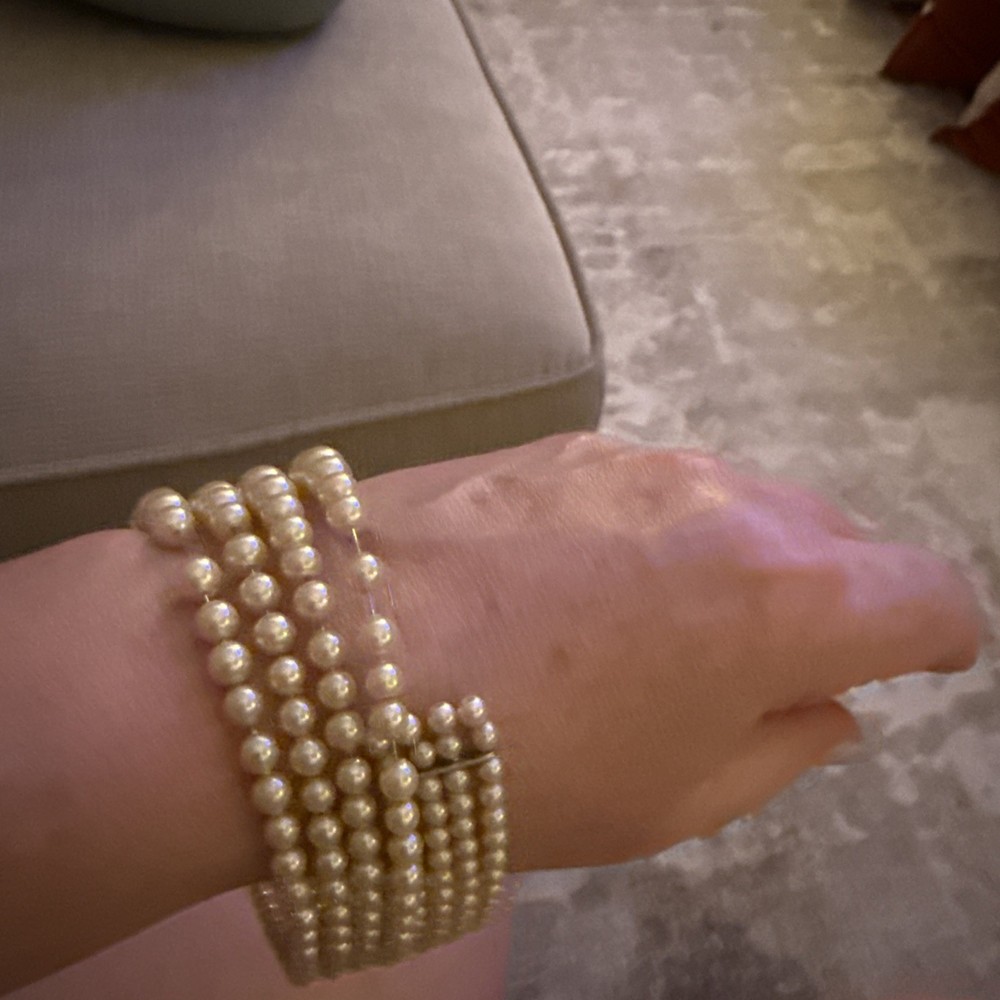Antique Faux Pearl Wire Cuff Wrap Bracelet Four Row Fits All Sizes Wrist