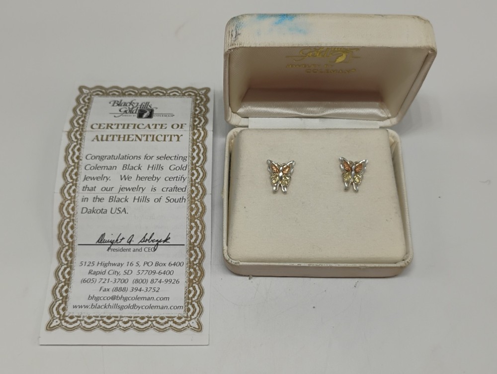 Vintage NEW Jewelry By Coleman USA Black Hills Gold Butterfly Earrings w/ COA
