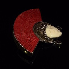 Sajen Vintage Pendant Pin 925 Sterling Silver Fan Face Cinnabar Garn (WCP039055)