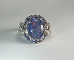 Estate Black AUSTRALIAN RAINBOW FIRE OPAL & Tanzanite Topaz Sterling Silver Ring