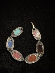 Vintage Glass Scarab Sterling Silver Egyptian Revival Style 6.5” Bracelet