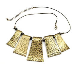 Exotic Hammered Style 5 Metal Plate Bib Necklace Brutalist Cleopatra Look 21 In