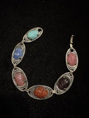Vintage Glass Scarab Sterling Silver Egyptian Revival Style 6.5” Bracelet