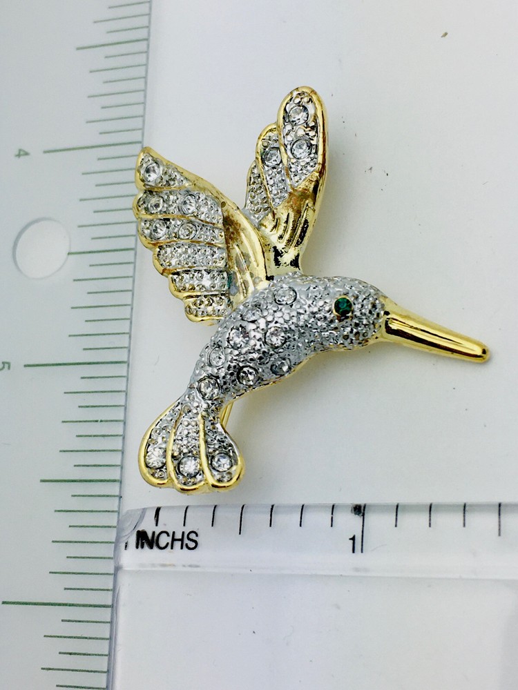 Pave Crystal Gold T Hummingbird Brooch Pin/Pendant