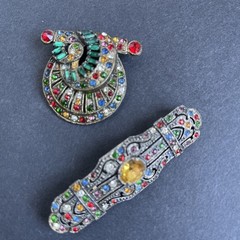 Vintage 1930s Art Deco Czech Rainbow Rhinestone Bar Brooch & Dress Clip Lot