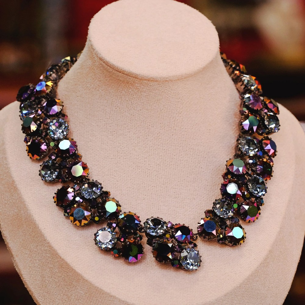 Austria Blue Purple Two row Huge Aurora Borealis Necklace 1950s