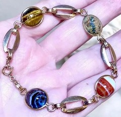 LOVELY Vintage Gold-Filled Agate, Unakite, Etc. Egyptian Scarab Bracelet