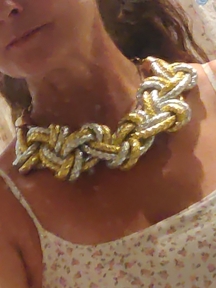Huge Silver And Gold Tone Vintage Braided Leather Collar Necklace Signed Mika