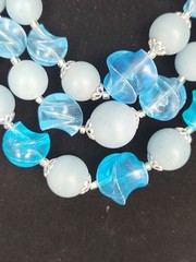 Vtg W Germany Light Blue AB Beads Triple Strand Necklace & Clip On Earring Set