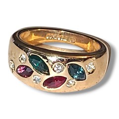 Vintage 18K HGE Multi Color Rhinestone Cocktail Ring Wide Band Statement Sz 5