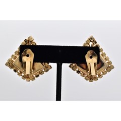 Vintage Crystal Clip On Earrings Pyramid Brown Gold Chunky Signed 1960s BinBF