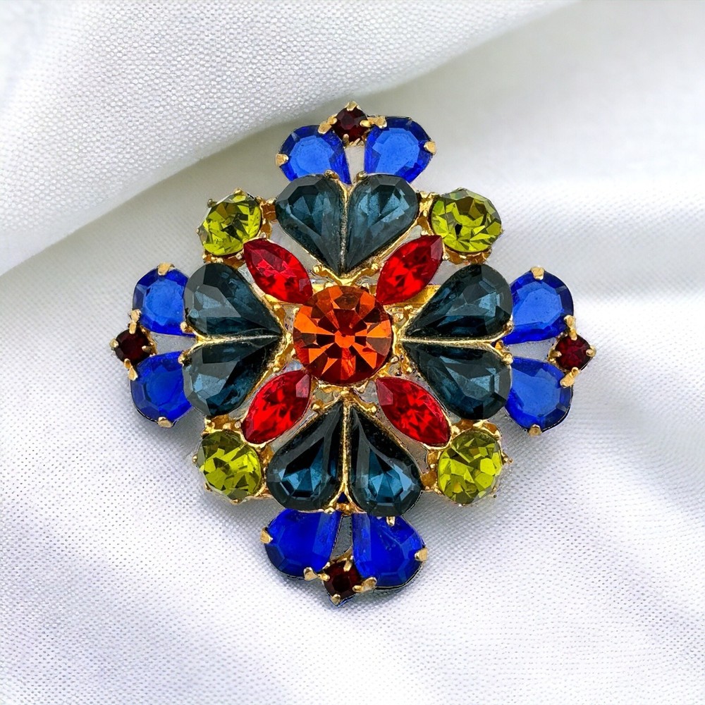Vintage Edlee Maltese Cross Brooch Multicolor Stones Layered Design Signed
