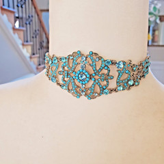 VCLM Aqua Crystal Turquoise Rhinestone Choker – High End Costume Piece Marked