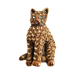 Vintage Gold Orange Tone Cat Pin Brooch Rhinestones 1 .5 Inches