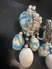 Vintage Signed Miriam Haskell Blue & White Oval Glass Bead Filigree Clip-Ons