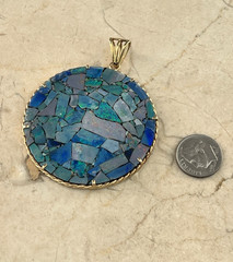 Large Vintage 14K Gold Rope Design Opal Mosaic Statement Pendant 2 5/8″ length